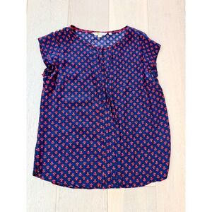 Boden Women Navy Blue Red Floral Geometric Pleated Cap Sleeve Blouse Top US 8